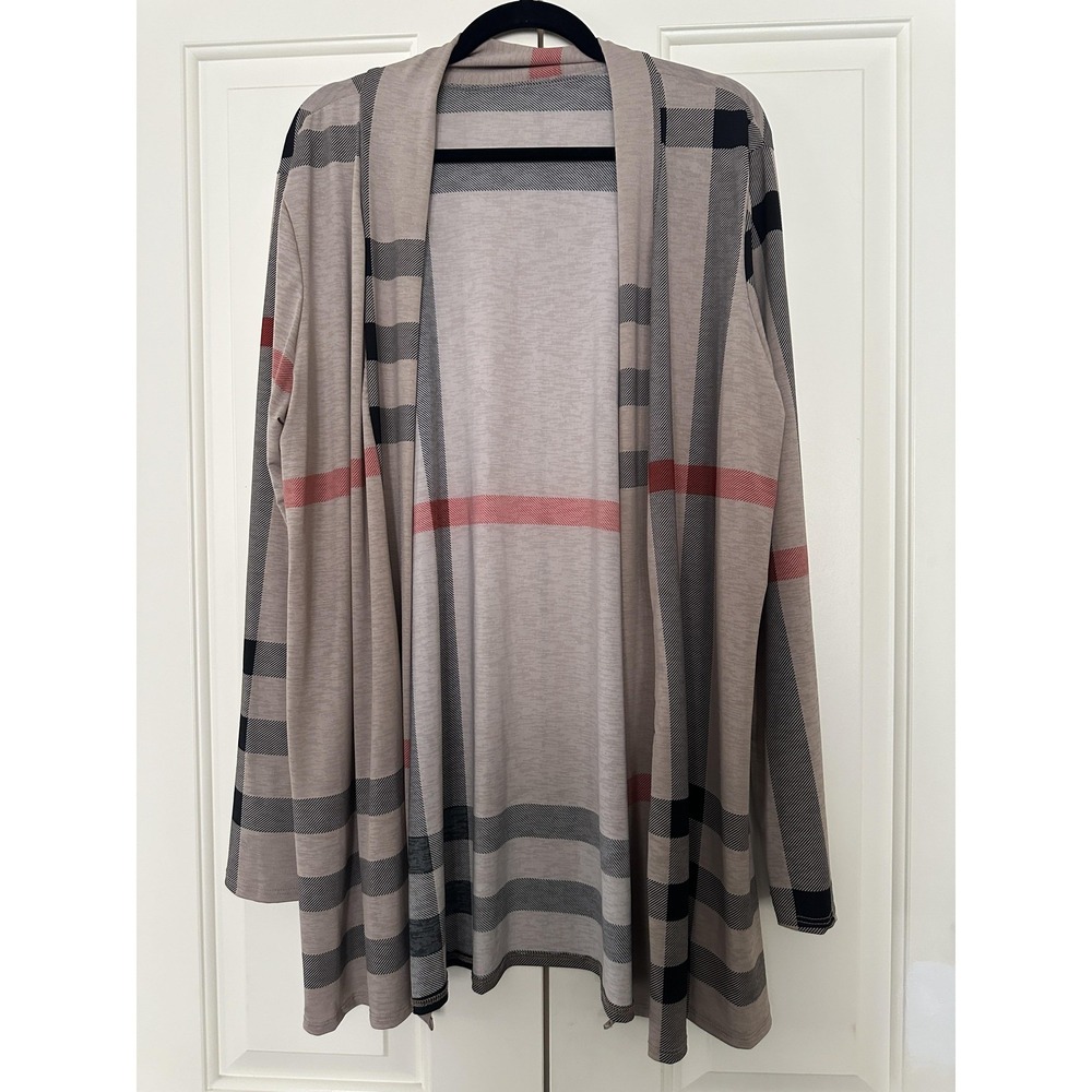 Angel Heart Boutique Cardigan Womens‎ 3XL Beige Plaid Open Front Lightweight